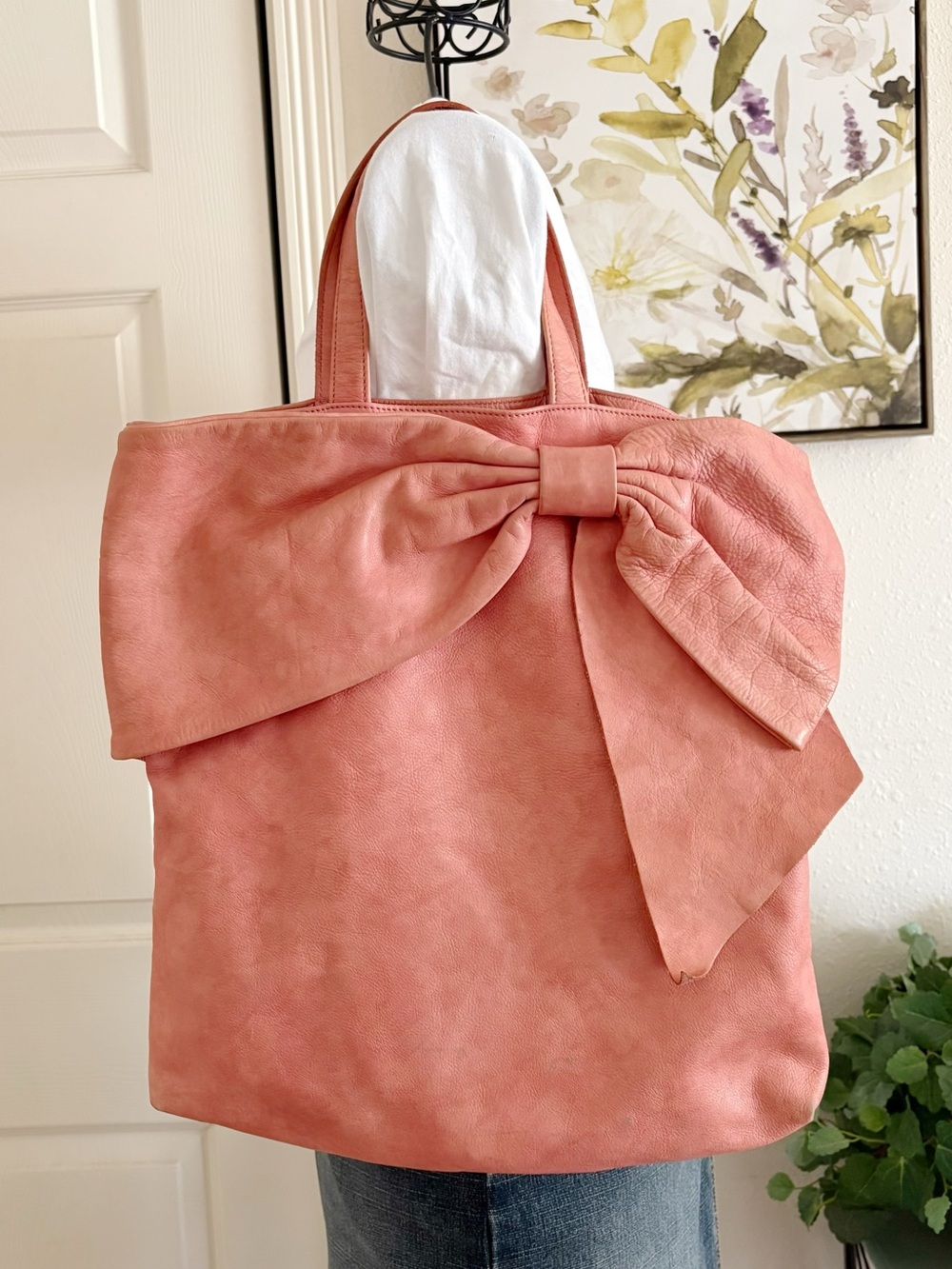 Genuine Red VALENTINO Pink /Peach Leather Tote Bag Bow